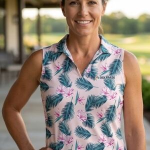PUMA NBC GolfPass Tropical Floral Sleeveless Golf Polo Shirt Pink